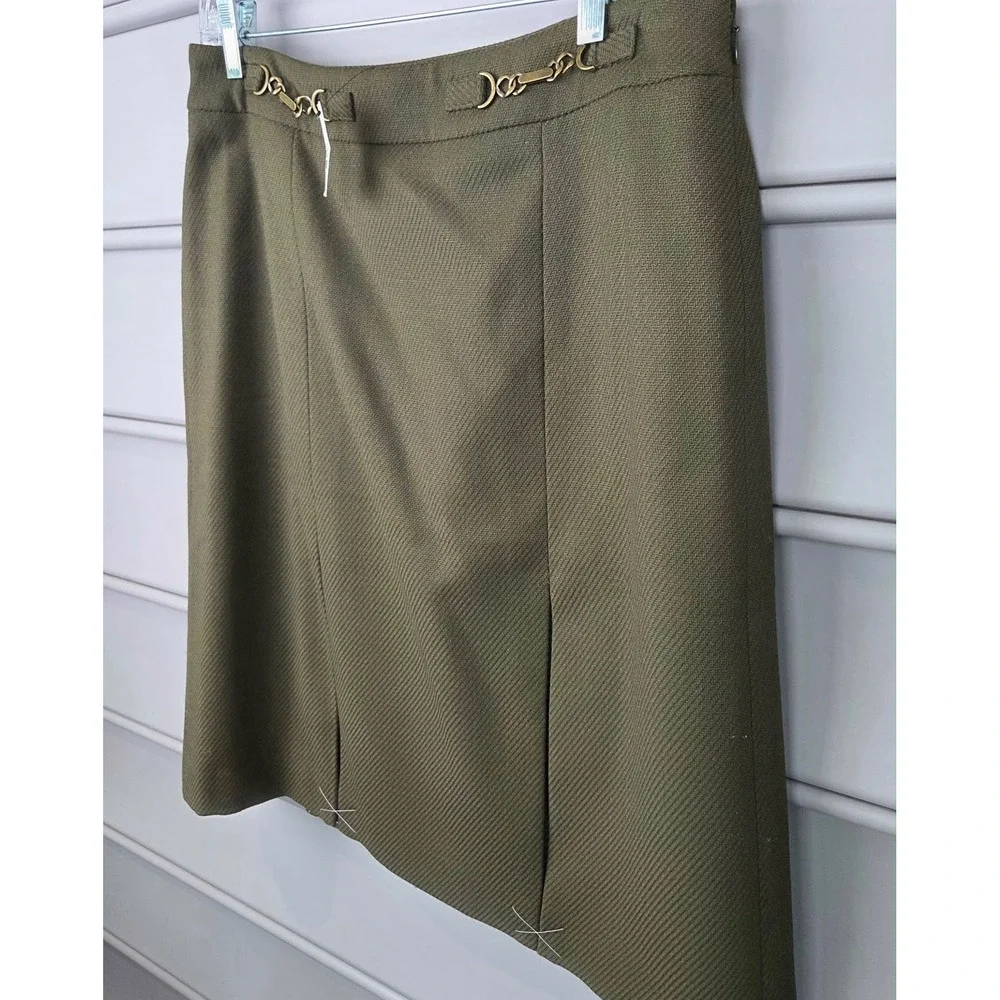 Talbots Olive Army Green Wool Blend Pleated‎ Skirt Chain Detail Size 8 NWT